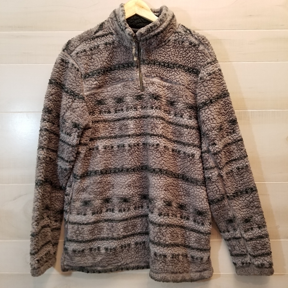 {L} Grizzly Sherpa Gray Black Quarter Zip Pullover Jacket